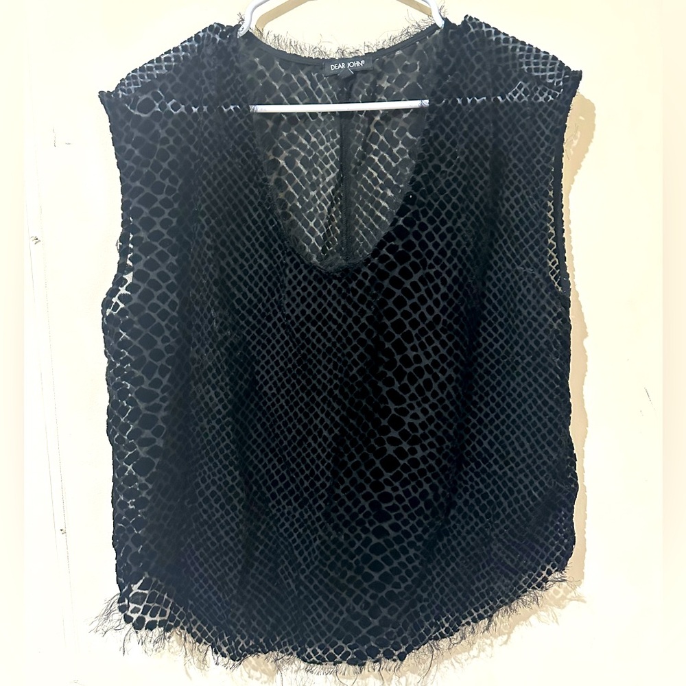 Dear John Small Black Sheer Fringe Raw Hem Sleeveless Blouse